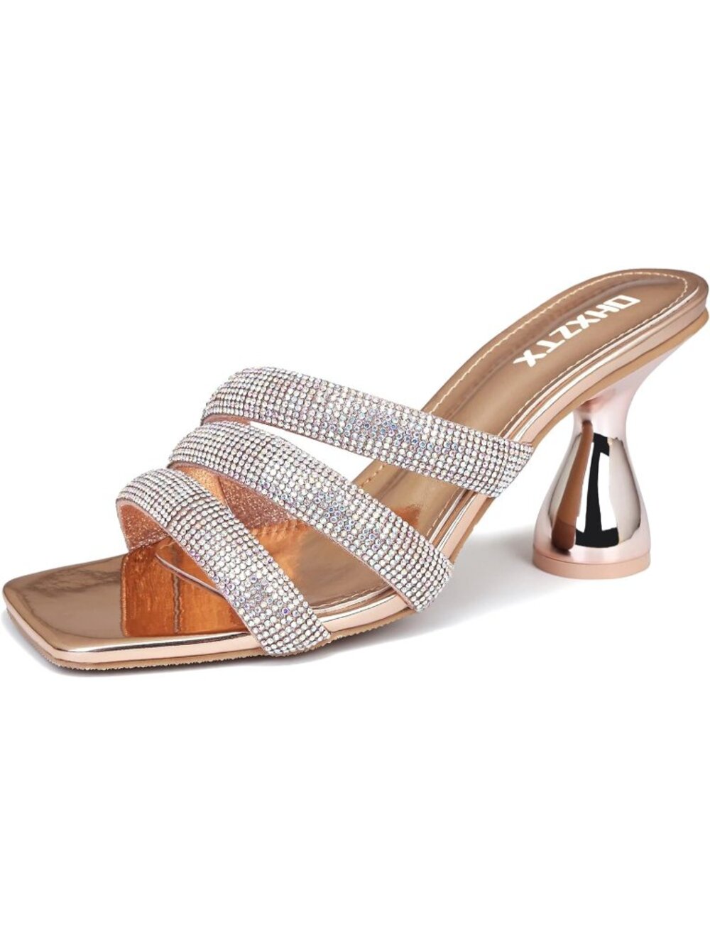 Women's Champagne Rhinestone Square Toe Backless 3.15 IN Chunky High Heel Sandal